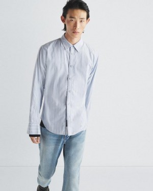 Men's Rag & Bone Fit 2 Engineered Cotton Stripe Oxford Relaxed Fit Button Down Shirts Blue Stripes | 503VDOQPJ