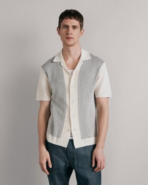 Men's Rag & Bone Harvey Cotton Knit Camp Classic Fit Button Down Shirts White Black | 526JQOWIN