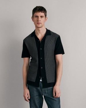 Men's Rag & Bone Harvey Cotton Knit Camp Classic Fit Button Down Shirts Black / White | 136DJFZYK