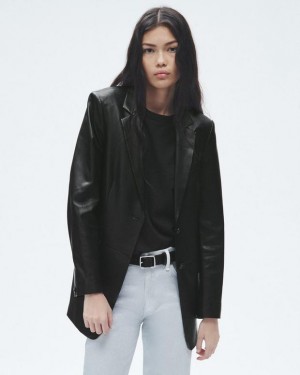 Women's Rag & Bone Charles Leather Oversized Blazers Black | 510OXSEYN