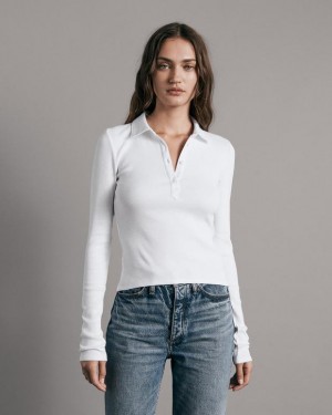 Women's Rag & Bone Essential Rib Long Sleeve Rib Cotton T-Shirt White | 598XCZBQO