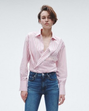 Women's Rag & Bone Indiana Striped Cotton Poplin Relaxed Fit Button Down Tops Pink Stripes | 852PWAGKN