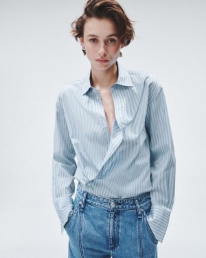 Women's Rag & Bone Indiana Striped Cotton Poplin Relaxed Fit Button Down Tops Blue Stripes | 728KUIZOA