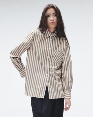 Women's Rag & Bone Maxine Cotton Poplin Classic Fit Button Down Tops Brown Stripes | 842PFMDYC