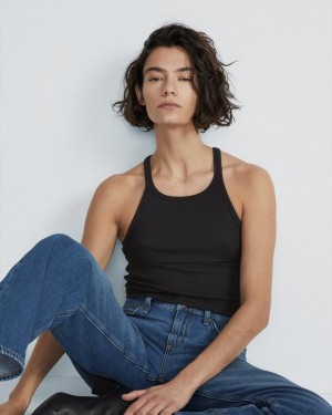 Women's Rag & Bone The Essential Rib String Tank Rib Cotton T-Shirt Black | 301NXECQP