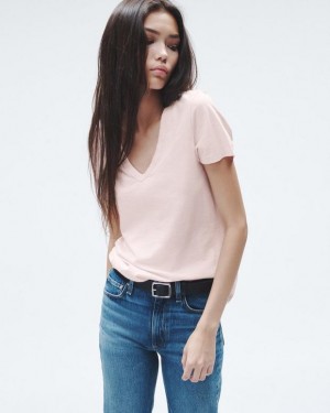 Women's Rag & Bone The Slub Vee Organic Pima Cotton T-Shirt Pink | 476EVHNBK