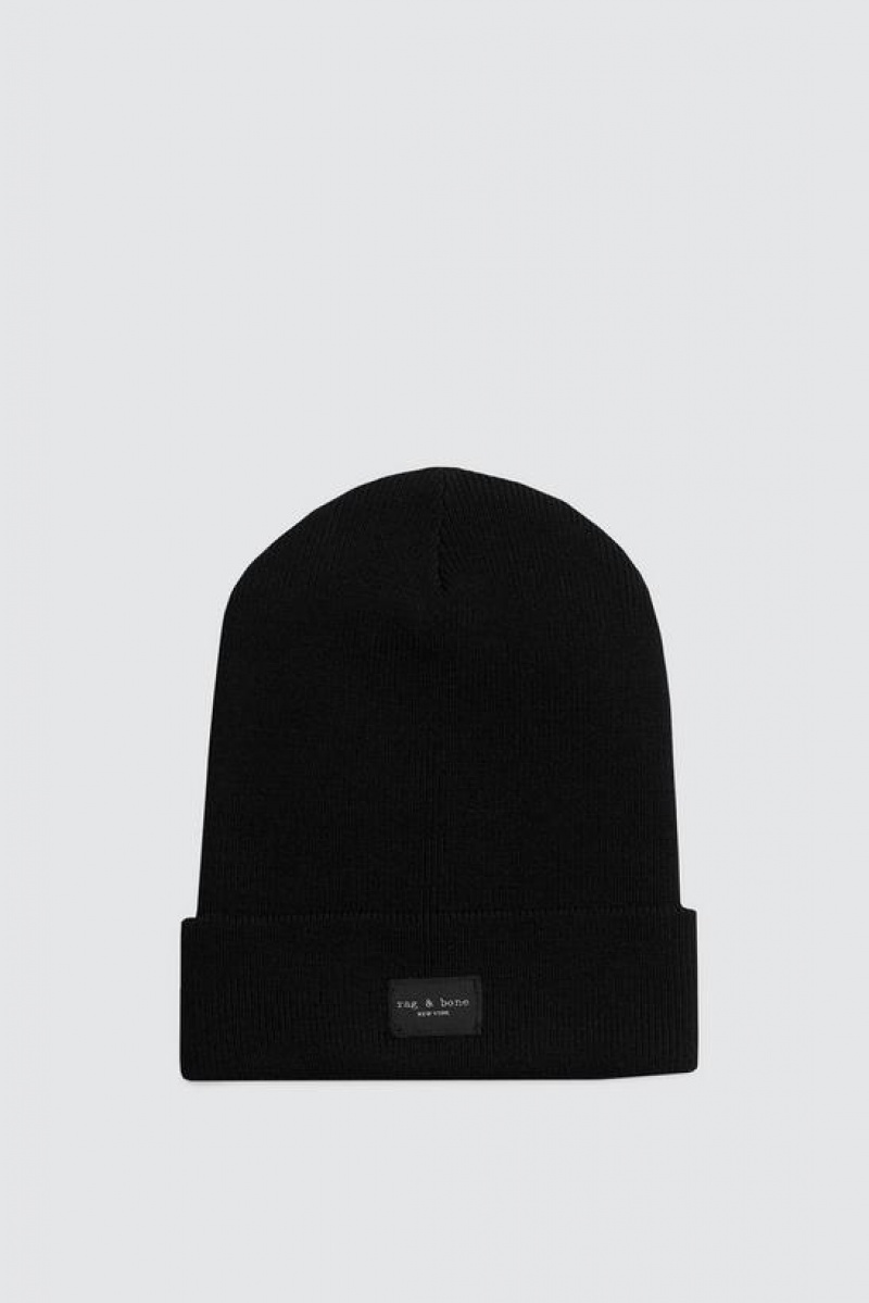 Men\'s Rag & Bone Addison Beanie Wool Hats Black | 082FRLOUA