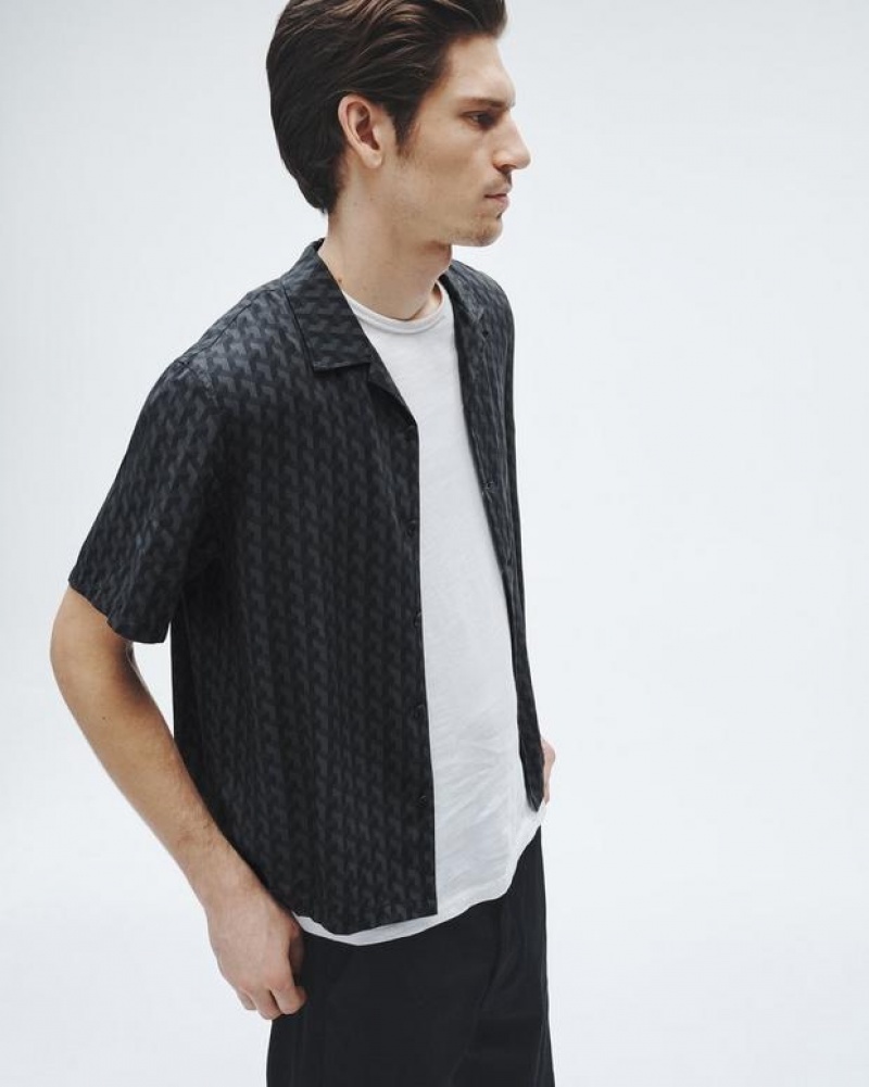 Men's Rag & Bone Avery Printed Viscose Relaxed Fit Button Down Shirts Black | 493DTFGEZ