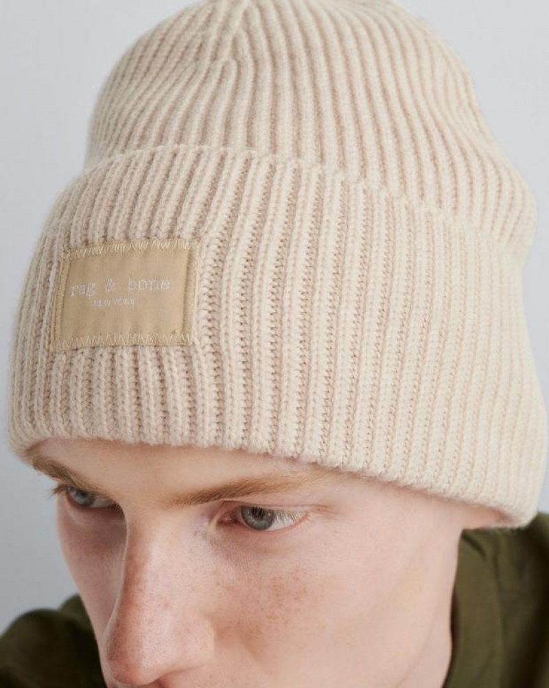 Men's Rag & Bone Blake Beanie Wool Hats White | 930IZMKNO