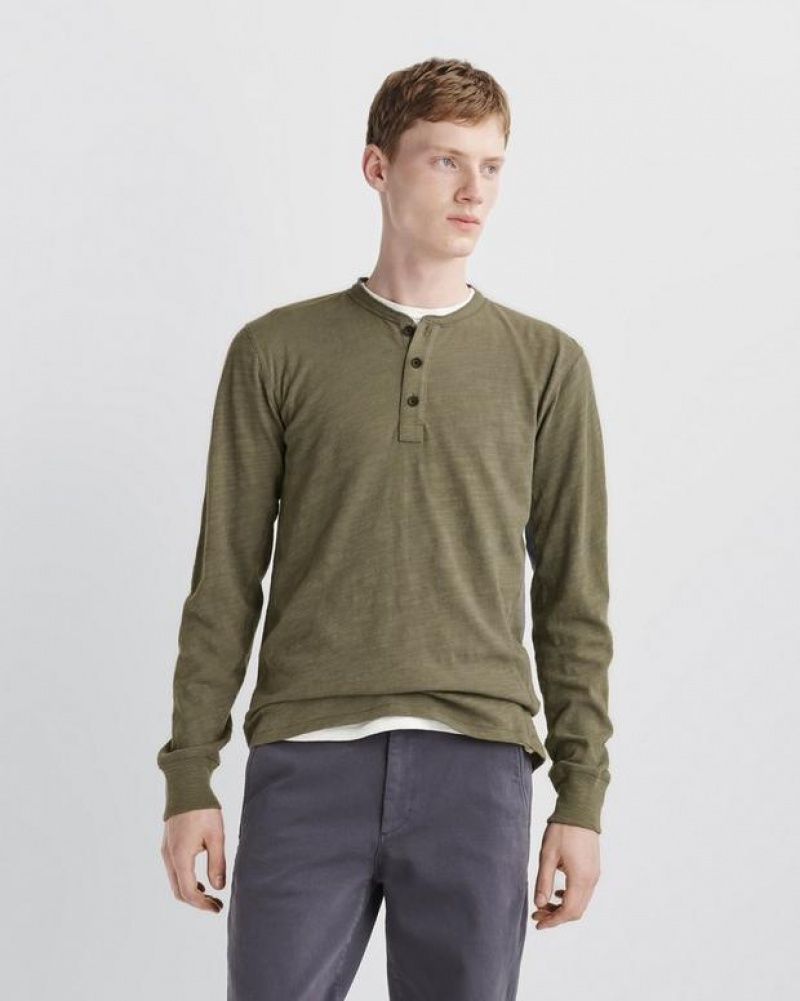 Men\'s Rag & Bone Classic Flame Henley Cotton T-Shirt Olive | 792KHOJER