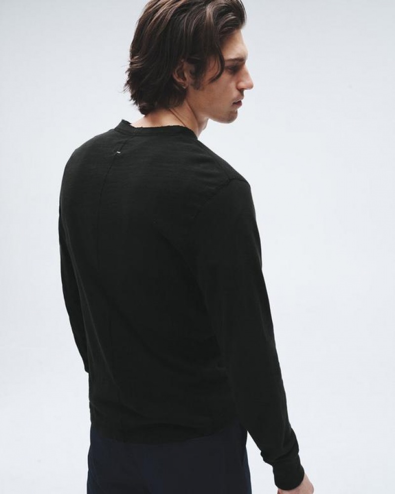 Men's Rag & Bone Classic Flame Long Sleeve Henley Cotton T-Shirt Black | 431CSVWFU