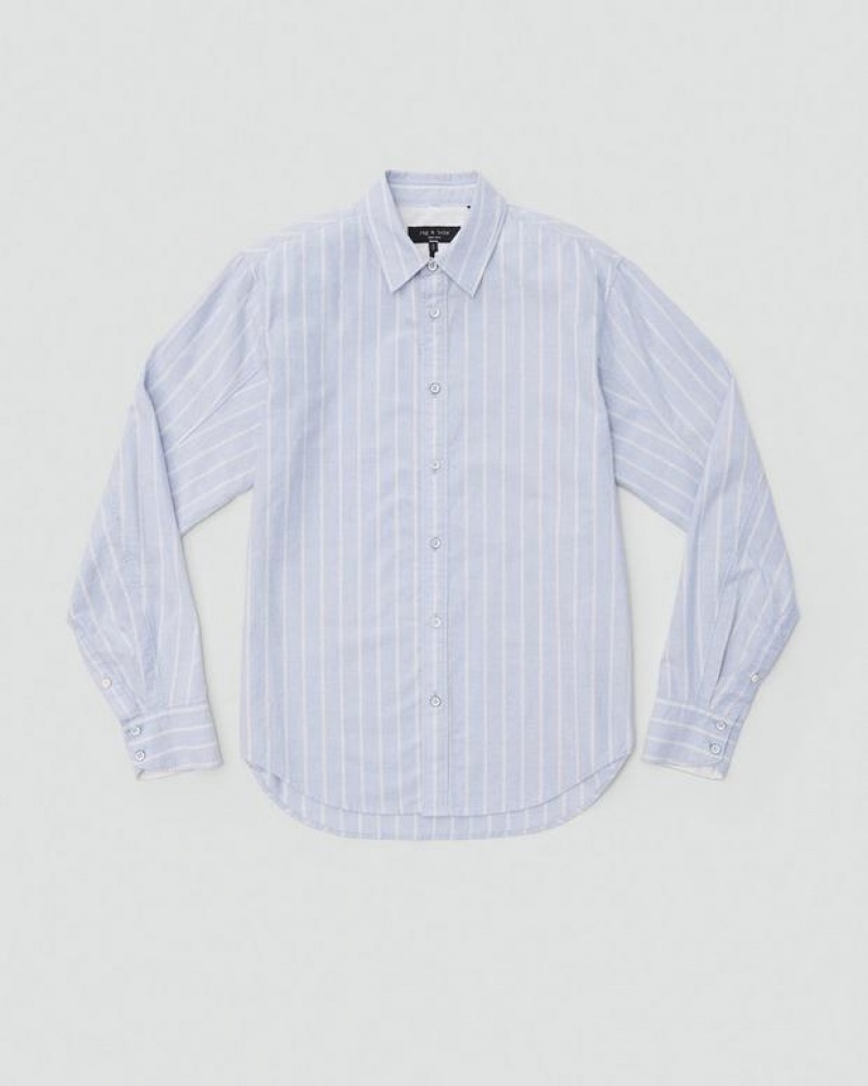 Men's Rag & Bone Fit 2 Engineered Cotton Stripe Oxford Relaxed Fit Button Down Shirts Blue Stripes | 503VDOQPJ