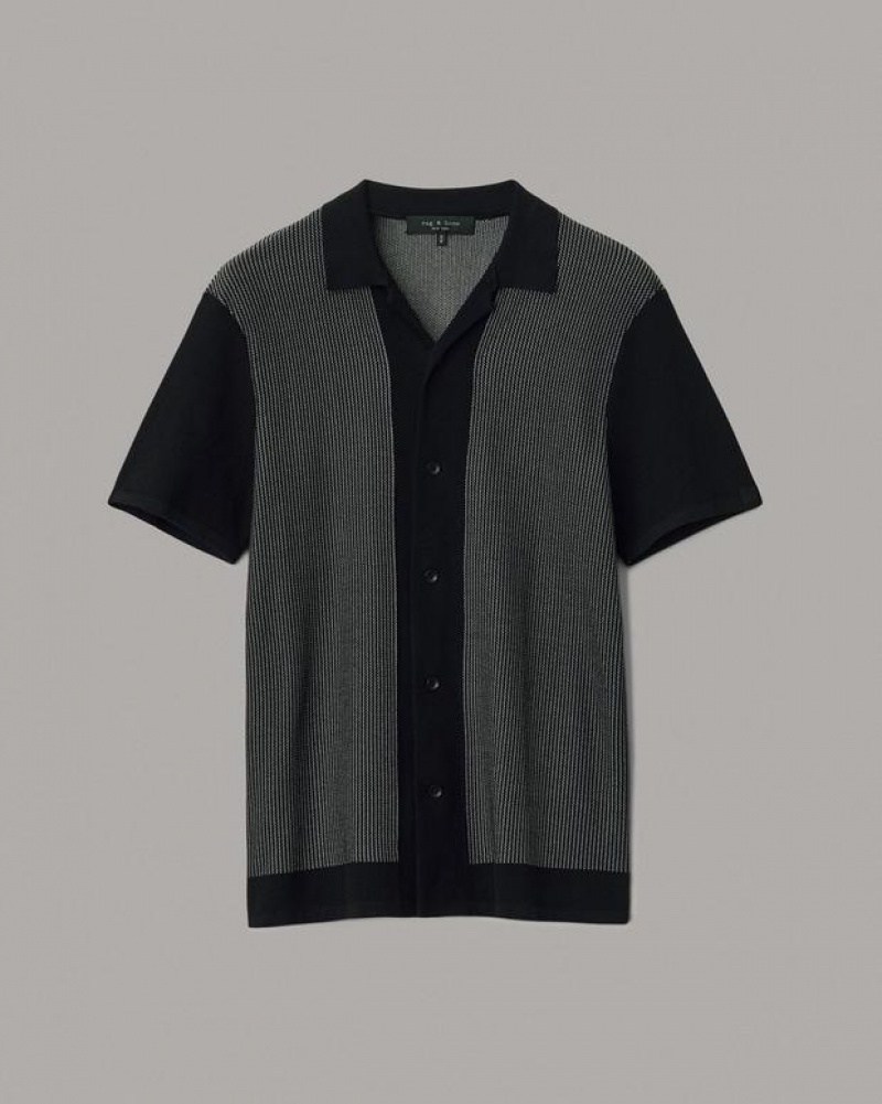 Men's Rag & Bone Harvey Cotton Knit Camp Classic Fit Button Down Shirts Black / White | 136DJFZYK