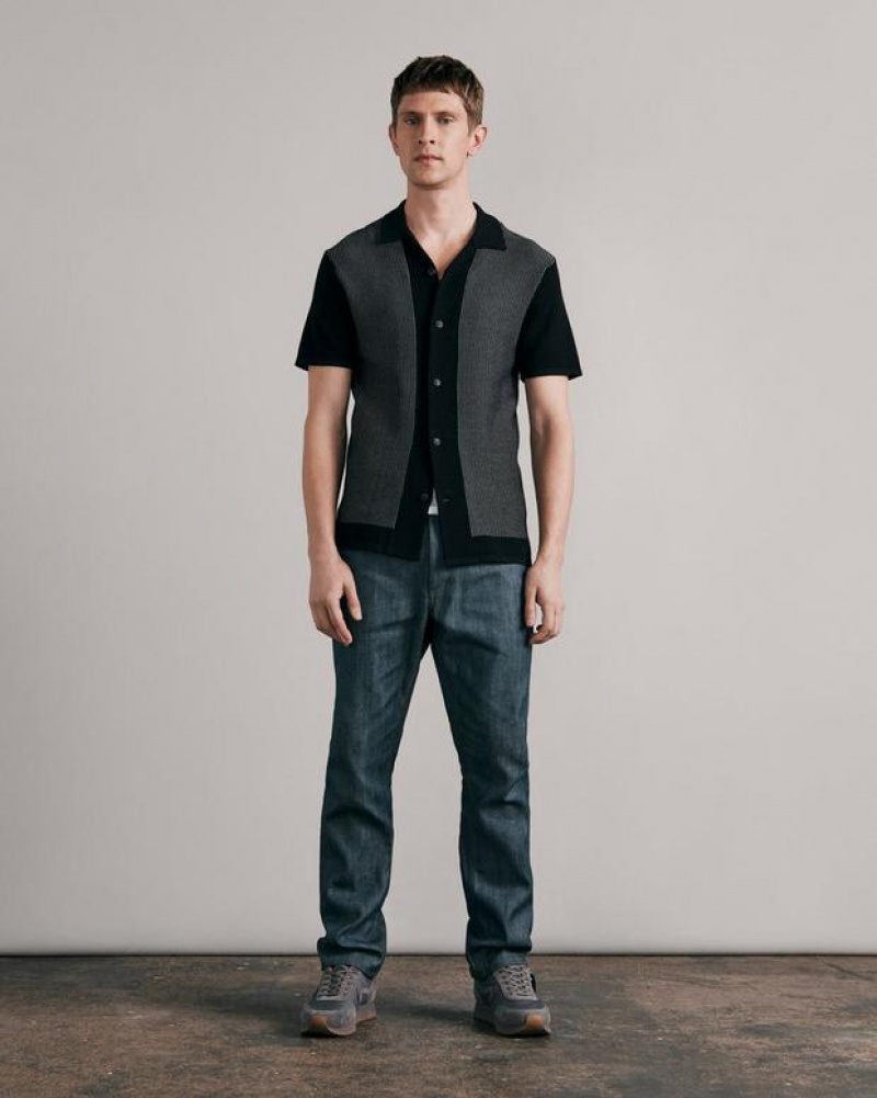 Men's Rag & Bone Harvey Cotton Knit Camp Classic Fit Button Down Shirts Black / White | 136DJFZYK