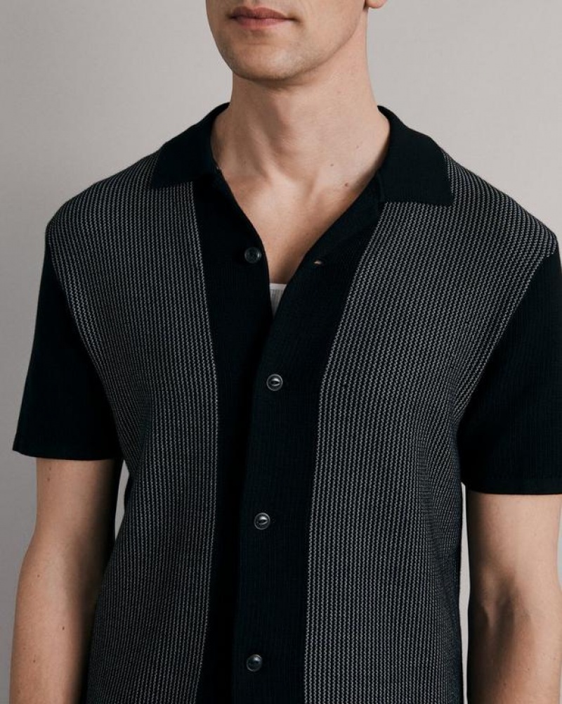 Men's Rag & Bone Harvey Cotton Knit Camp Classic Fit Button Down Shirts Black / White | 136DJFZYK