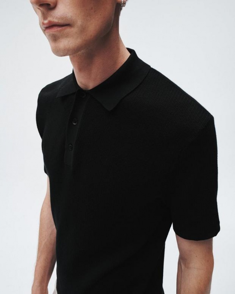 Men's Rag & Bone Harvey Cotton Knit Classic Fit Polo Shirt Black | 830DLHFUV