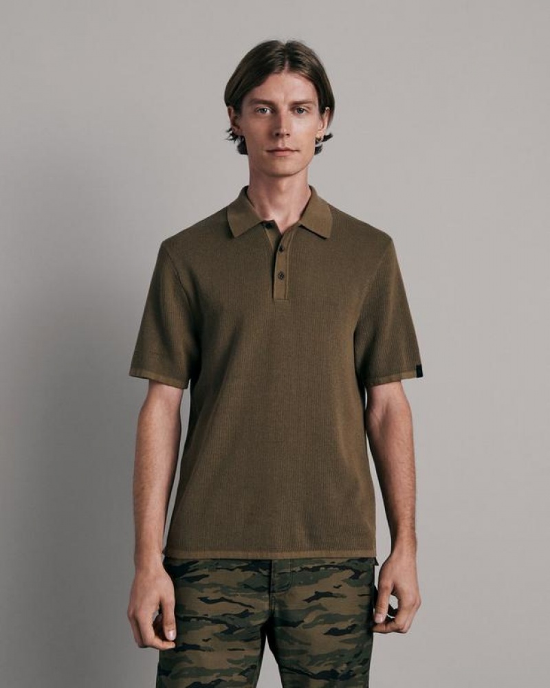 Men\'s Rag & Bone Harvey Cotton Knit Sleeve Classic Fit Polo Shirt Army | 724INQELM