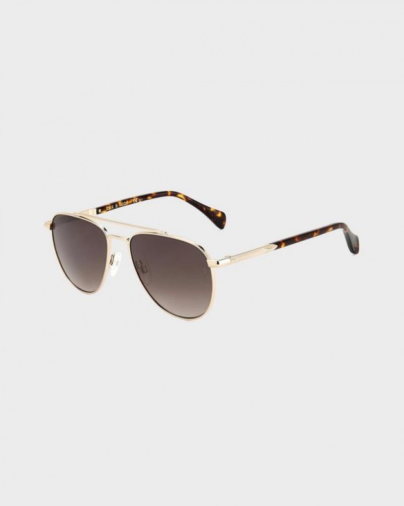 Men\'s Rag & Bone Lana Aviator Sunglasses Gold Brown | 780ZYGSNI