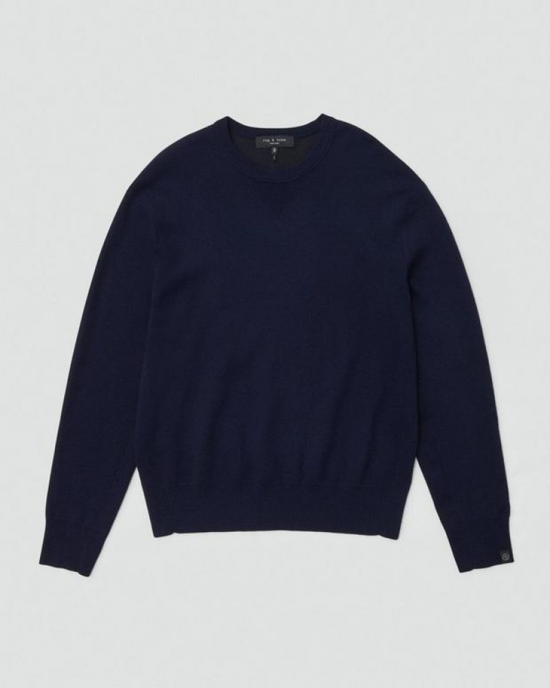 Men's Rag & Bone York Wool Crew Relaxed Fit Sweaters Navy | 359SLRNBW