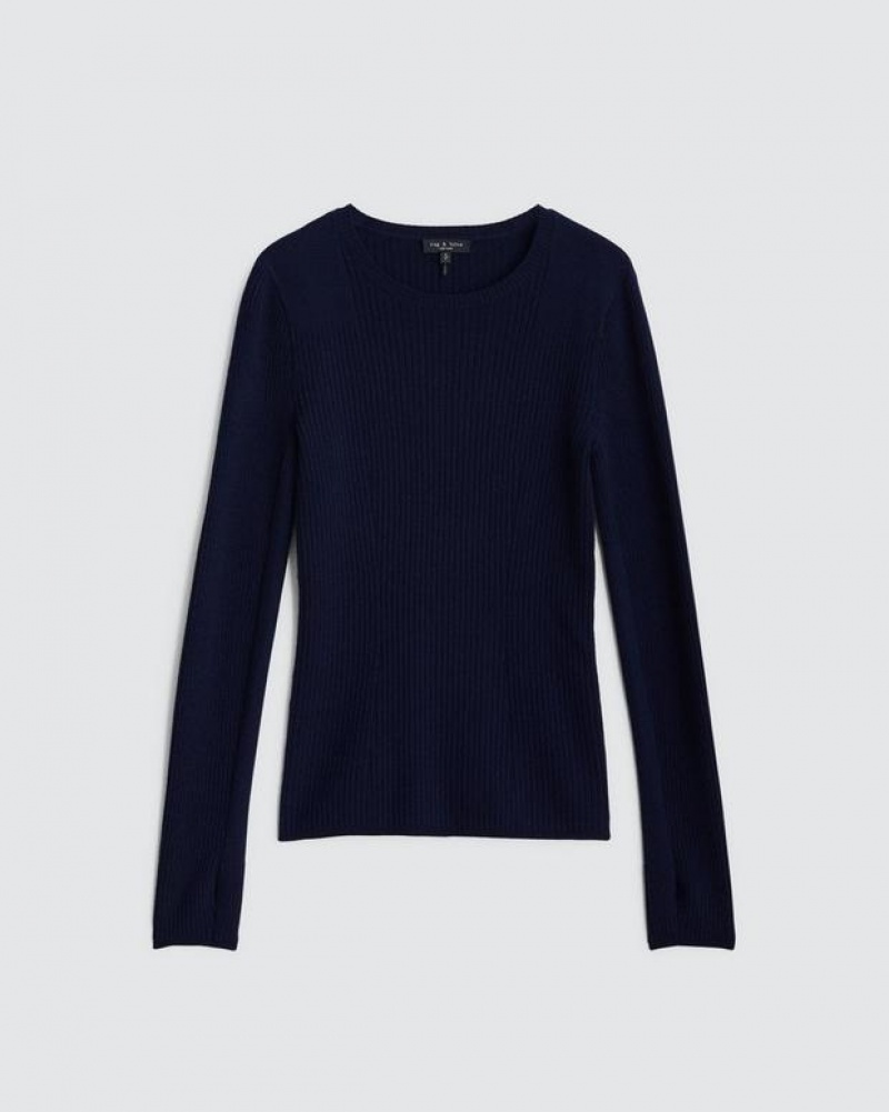 Women's Rag & Bone Audrina Wool Crew Slim Fit Sweaters Navy | 430PMLBSR