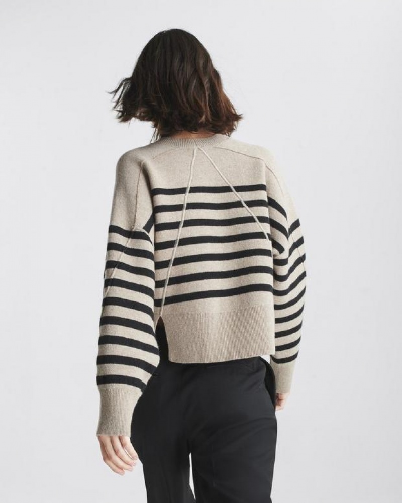 Women\'s Rag & Bone Bridget Stripe Wool Crew Oversized Fit Sweaters Beige Multicolor | 560BUPVMX