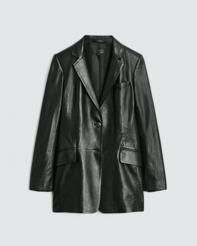 Women's Rag & Bone Charles Leather Oversized Blazers Black | 510OXSEYN