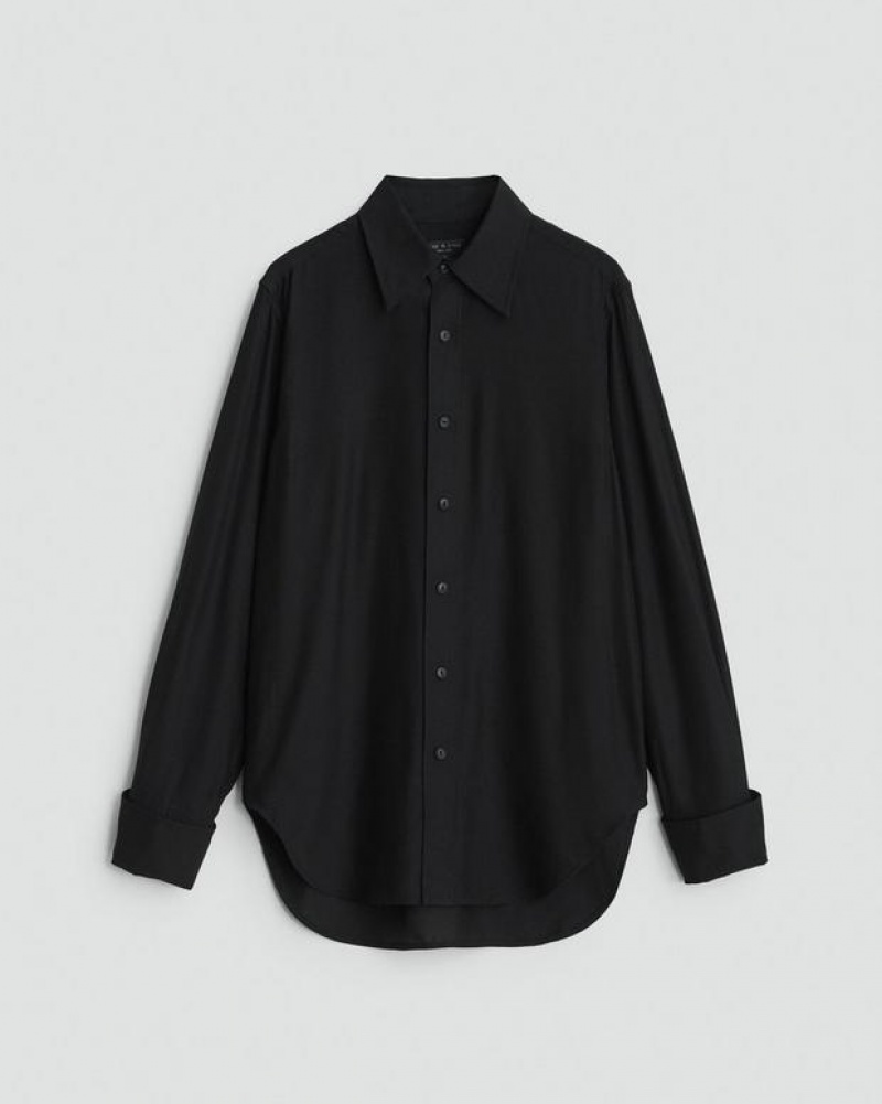 Women's Rag & Bone Delphine Silk Relaxed Fit Button Down Tops Black | 184BEOPFL