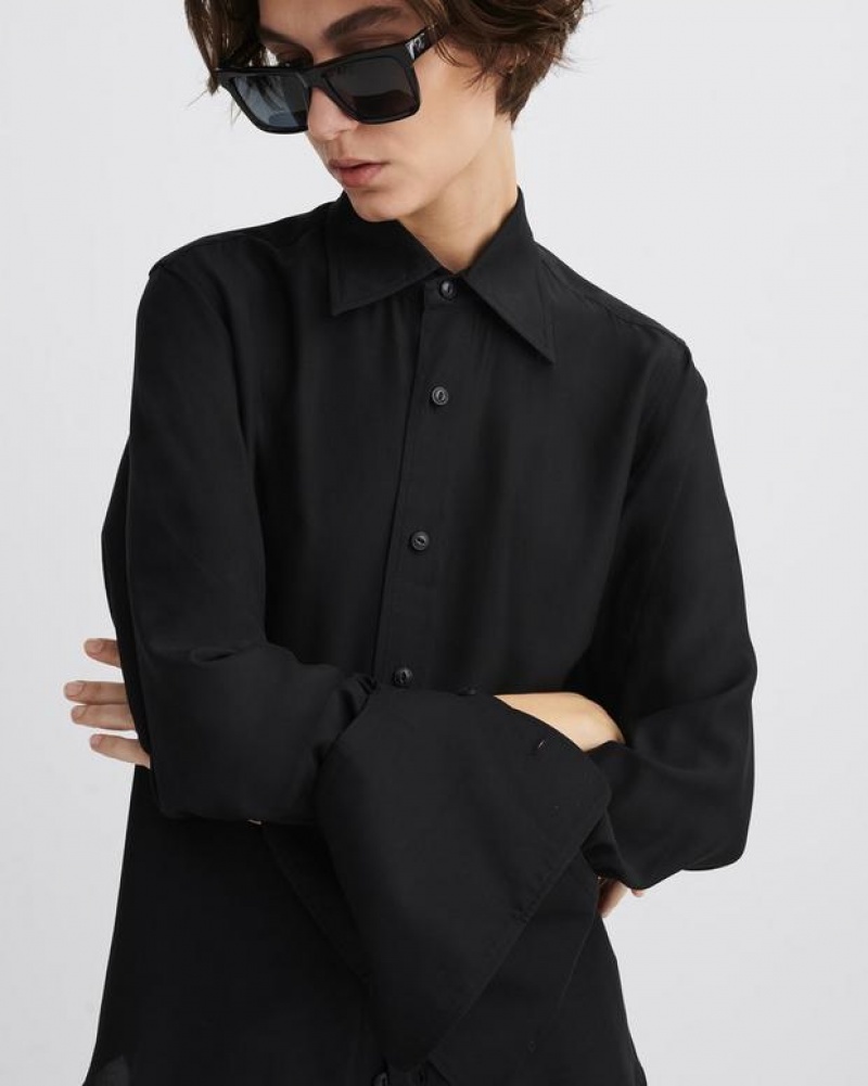 Women's Rag & Bone Delphine Silk Relaxed Fit Button Down Tops Black | 184BEOPFL