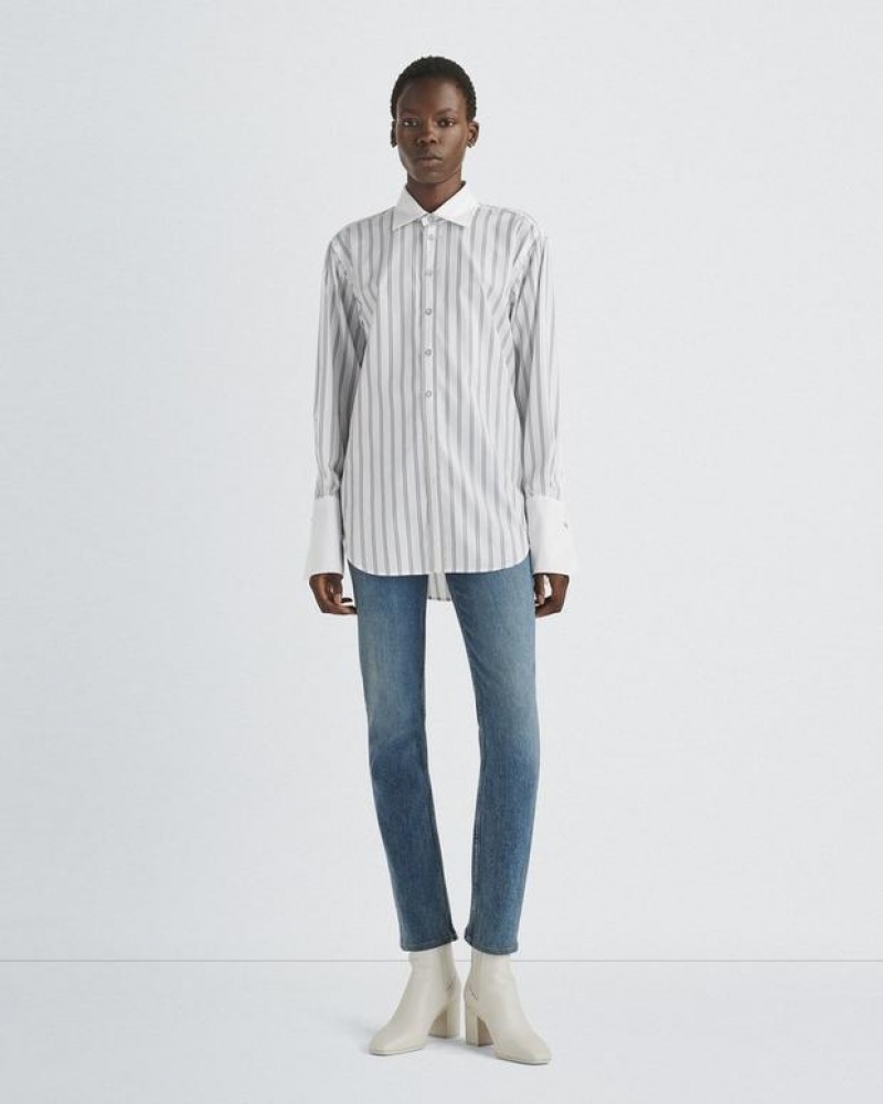 Women's Rag & Bone Diana Cotton Poplin Relaxed Fit Button Down Tops White Stripes | 306CNWDRB