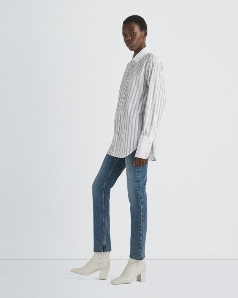 Women's Rag & Bone Diana Cotton Poplin Relaxed Fit Button Down Tops White Stripes | 306CNWDRB