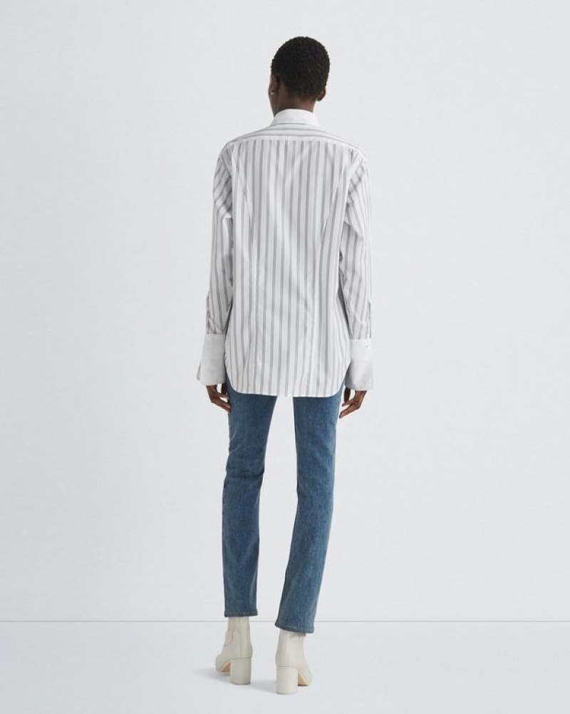 Women's Rag & Bone Diana Cotton Poplin Relaxed Fit Button Down Tops White Stripes | 306CNWDRB