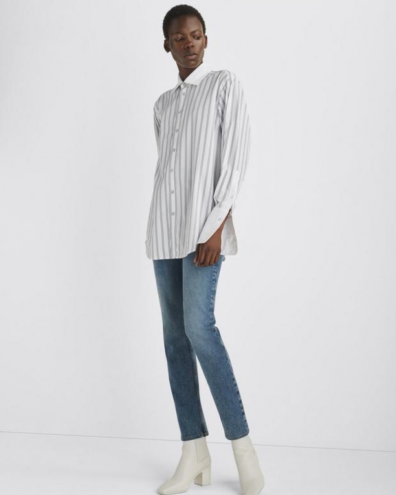 Women's Rag & Bone Diana Cotton Poplin Relaxed Fit Button Down Tops White Stripes | 306CNWDRB