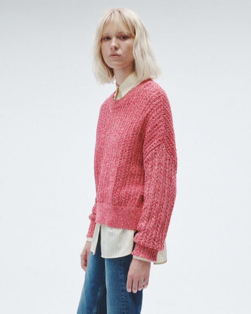 Women's Rag & Bone Edie Cotton Crew Oversized Fit Sweaters Pink Multicolor | 567FAMPUB