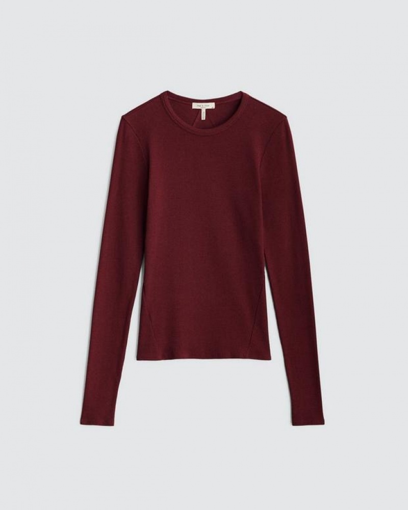 Women's Rag & Bone Essential Rib Long Sleeve Tee Rib Cotton T-Shirt Brown | 359ODFSHT