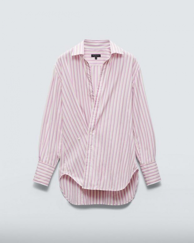 Women's Rag & Bone Indiana Striped Cotton Poplin Relaxed Fit Button Down Tops Pink Stripes | 852PWAGKN