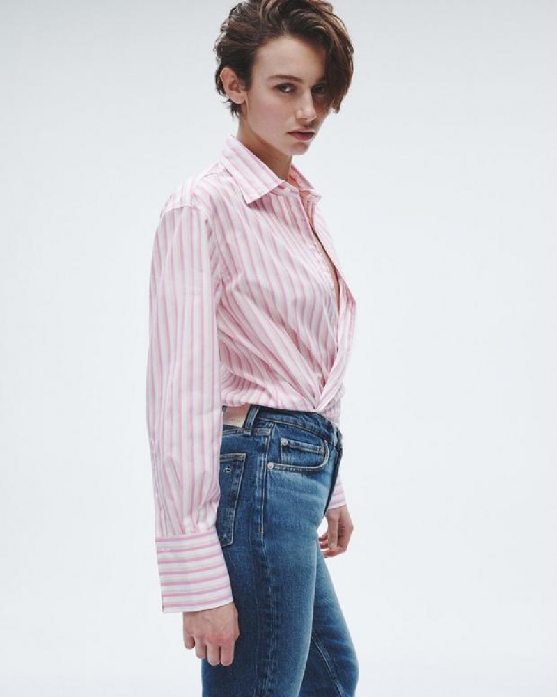 Women's Rag & Bone Indiana Striped Cotton Poplin Relaxed Fit Button Down Tops Pink Stripes | 852PWAGKN