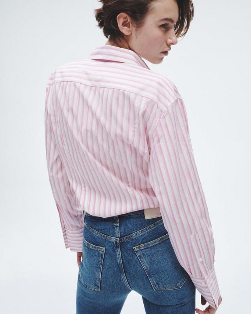 Women's Rag & Bone Indiana Striped Cotton Poplin Relaxed Fit Button Down Tops Pink Stripes | 852PWAGKN