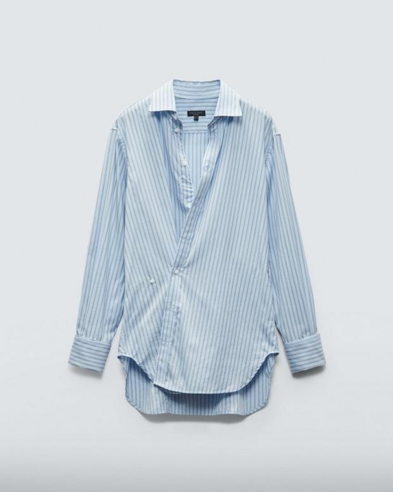 Women's Rag & Bone Indiana Striped Cotton Poplin Relaxed Fit Button Down Tops Blue Stripes | 728KUIZOA