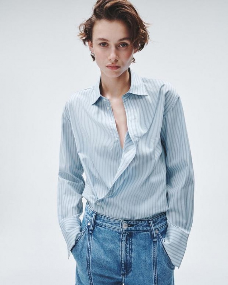 Women\'s Rag & Bone Indiana Striped Cotton Poplin Relaxed Fit Button Down Tops Blue Stripes | 728KUIZOA