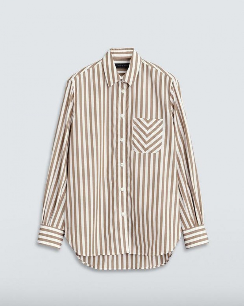 Women's Rag & Bone Maxine Cotton Poplin Classic Fit Button Down Tops Brown Stripes | 842PFMDYC