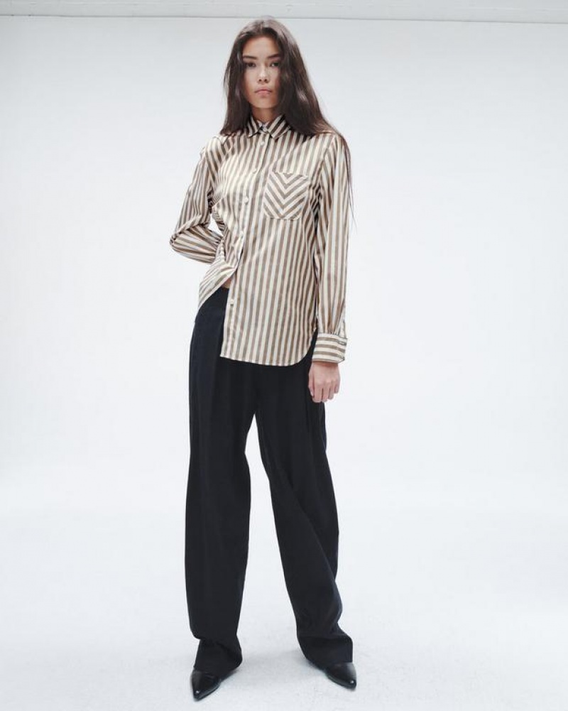 Women's Rag & Bone Maxine Cotton Poplin Classic Fit Button Down Tops Brown Stripes | 842PFMDYC