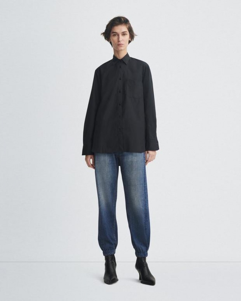 Women's Rag & Bone Maxine Cotton Poplin Classic Fit Button Down Tops Black | 945JBYSQL