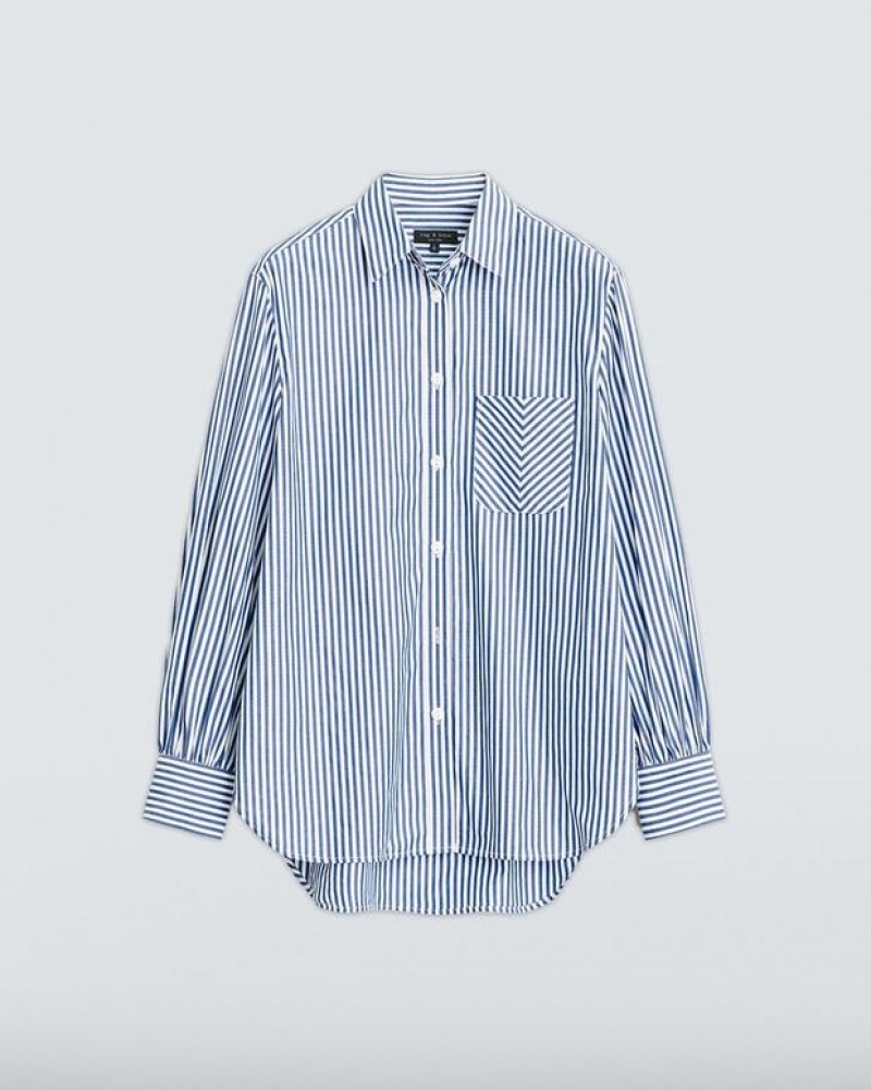 Women's Rag & Bone Maxine Cotton Poplin Stripe Relaxed Fit Button Down Tops Blue Stripes | 951YBWMJL