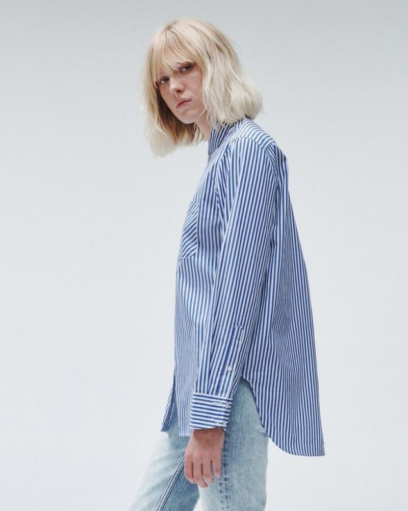 Women's Rag & Bone Maxine Cotton Poplin Stripe Relaxed Fit Button Down Tops Blue Stripes | 951YBWMJL