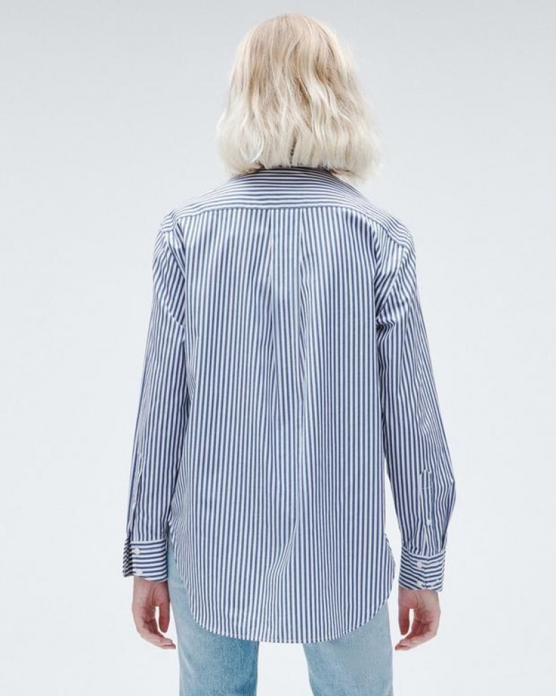 Women's Rag & Bone Maxine Cotton Poplin Stripe Relaxed Fit Button Down Tops Blue Stripes | 951YBWMJL