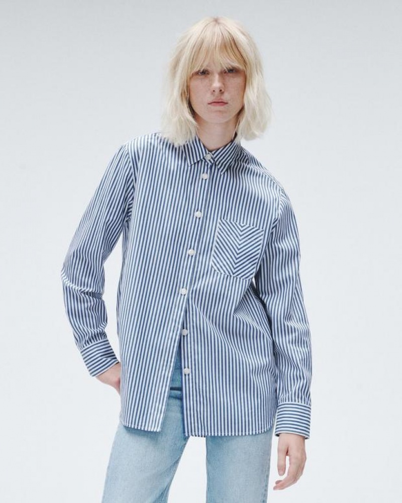 Women\'s Rag & Bone Maxine Cotton Poplin Stripe Relaxed Fit Button Down Tops Blue Stripes | 951YBWMJL