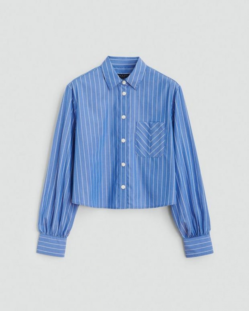 Women's Rag & Bone Maxine Cropped Cotton Poplin Classic Fit Button Down Tops Blue Stripes | 637GCQHZU