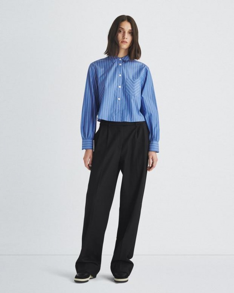 Women's Rag & Bone Maxine Cropped Cotton Poplin Classic Fit Button Down Tops Blue Stripes | 637GCQHZU