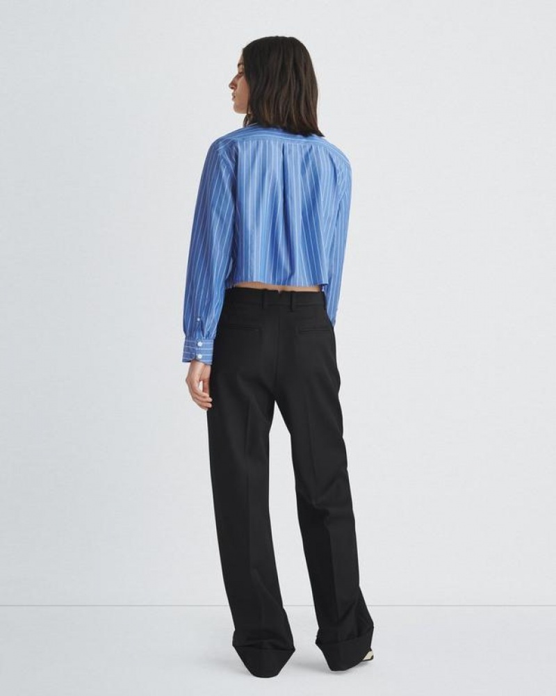 Women's Rag & Bone Maxine Cropped Cotton Poplin Classic Fit Button Down Tops Blue Stripes | 637GCQHZU