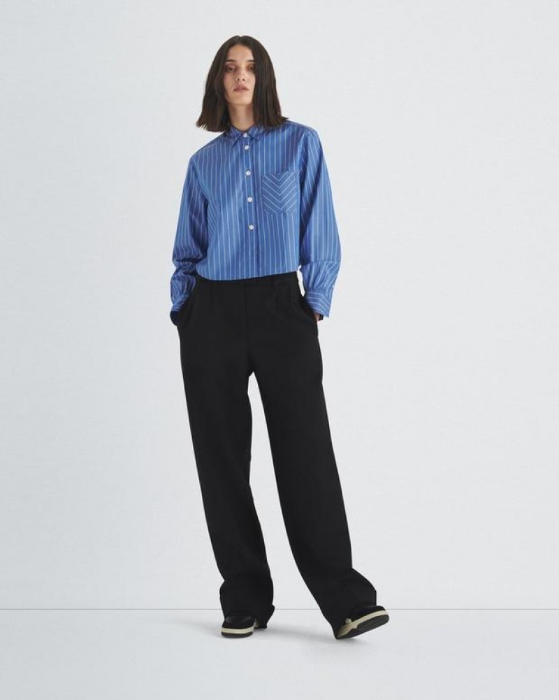 Women's Rag & Bone Maxine Cropped Cotton Poplin Classic Fit Button Down Tops Blue Stripes | 637GCQHZU